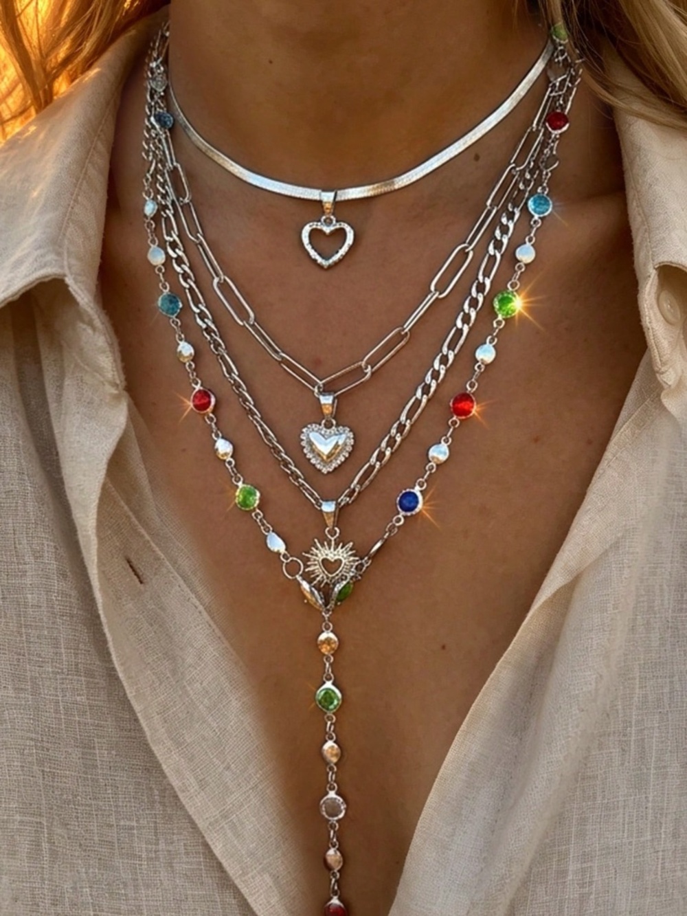 Silver Tone Heart Pendants Colorful Rhinestones Necklaces Set